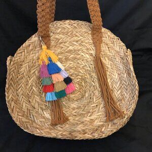 Universal Thread Straw/Raffia Circle Tote with Tassels and Pom-Poms